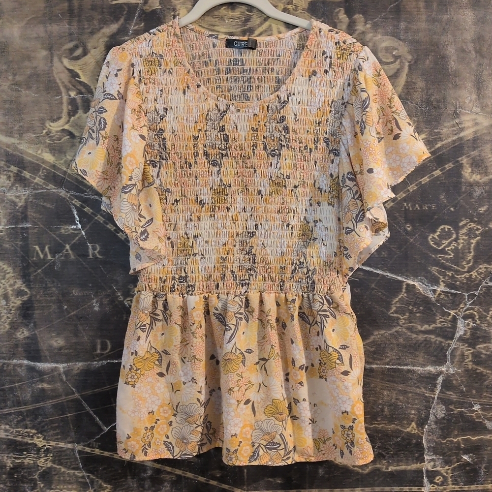 CURE Top Womens Large Orange Yellow Floral Pullover Flutter Sleeve